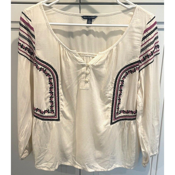 American Eagle Boho Size Small Embroidered Henley Gathered Sleeve Blouse Top - Picture 1 of 12